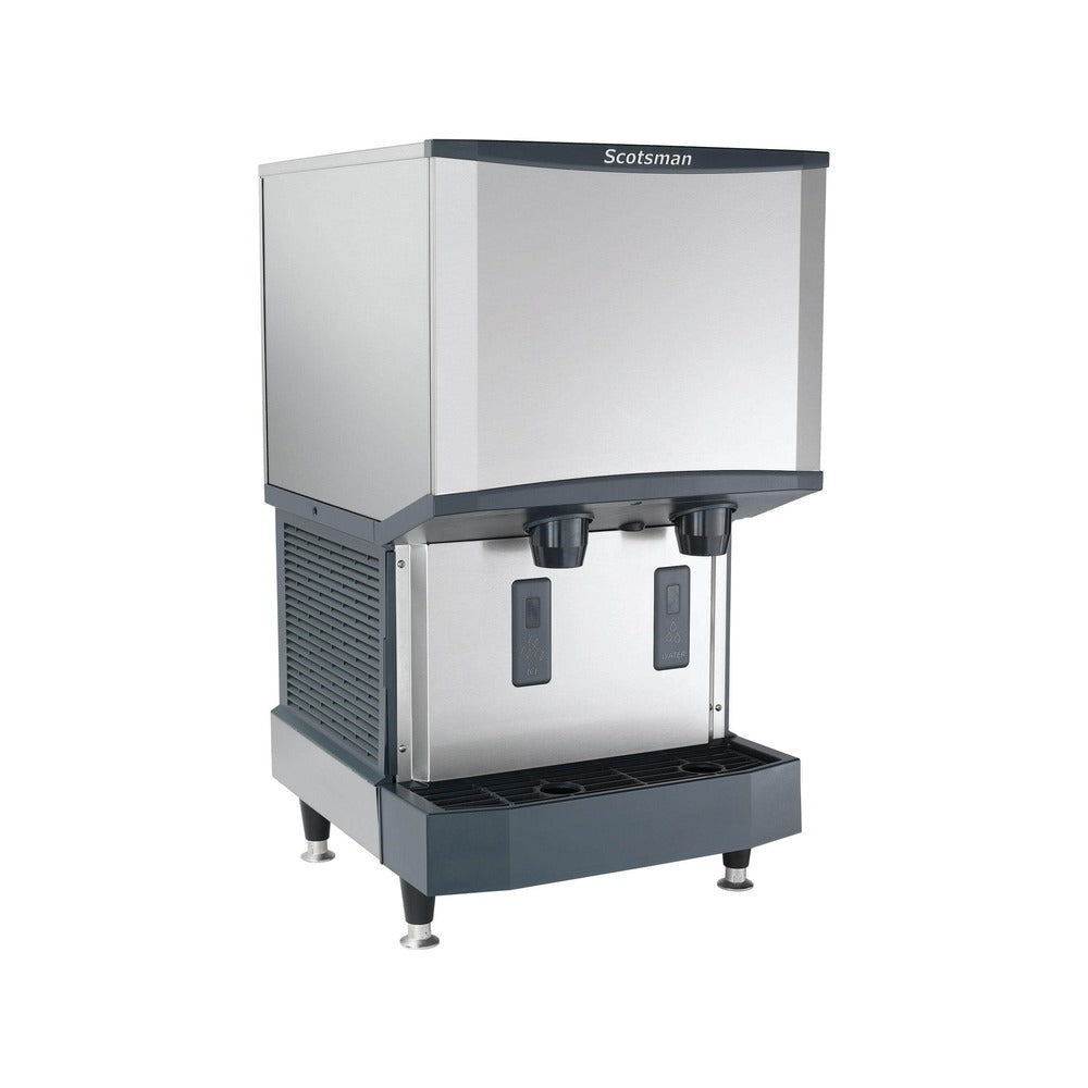 Scotsman HID525AX-1 500 lb touch-free countertop nugget ice & water dispenser, 25 lb storage, angled view on optional legs