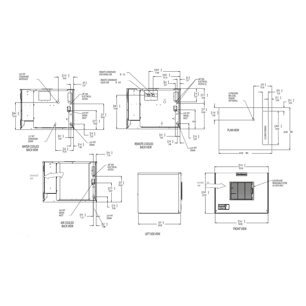 Scotsman MC0330 Prodigy ELITE dimensional drawing from the spec sheet: back, side, plan and front views