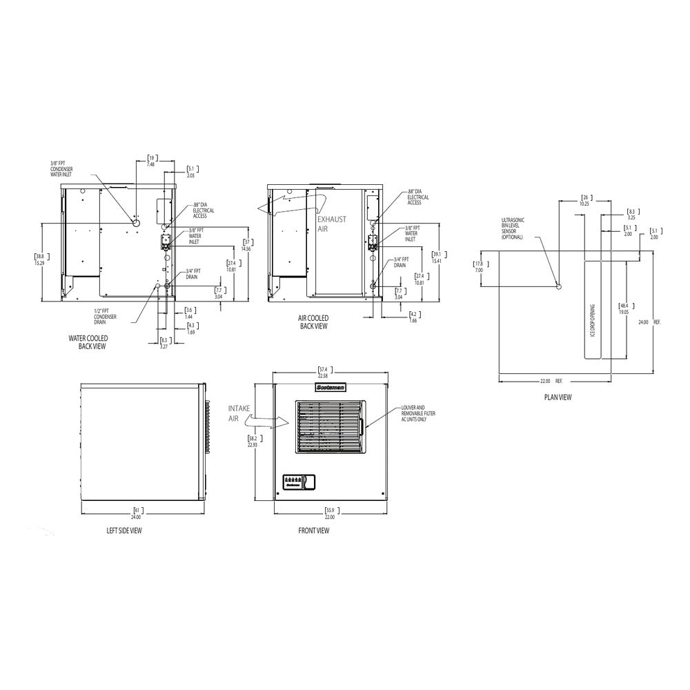 Scotsman MC0522 Prodigy ELITE dimensional drawing from the spec sheet: back, side, plan and front views