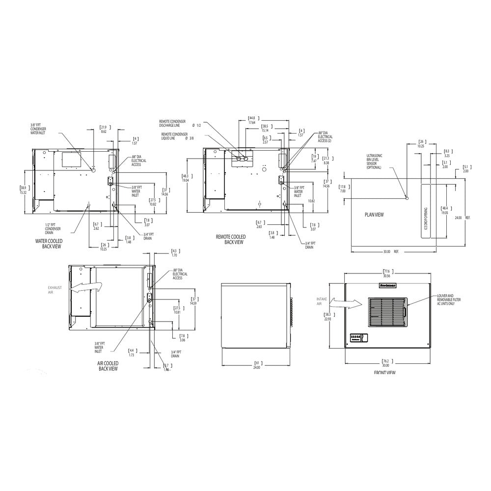 Scotsman MC0530 Prodigy ELITE dimensional drawing from the spec sheet: back, side, plan and front views