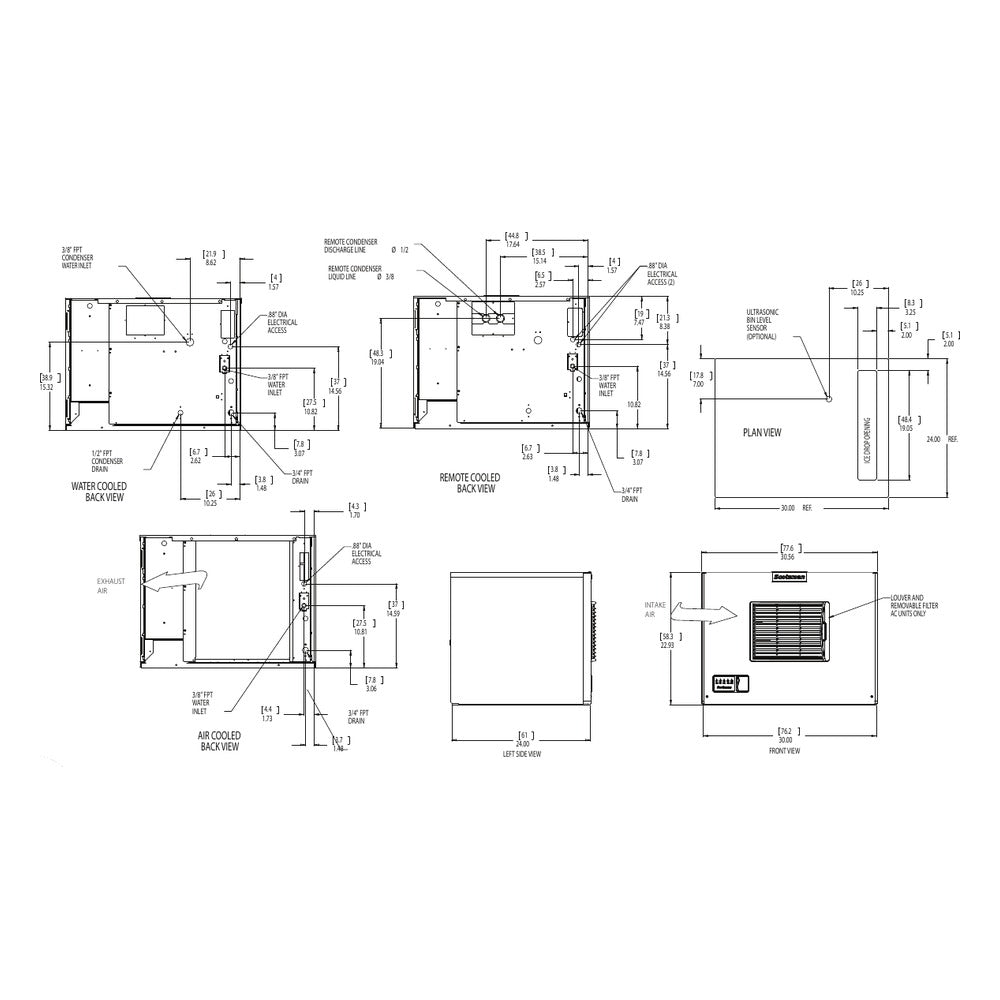 Scotsman MC0630 Prodigy ELITE dimensional drawing from the spec sheet: back, side, plan and front views