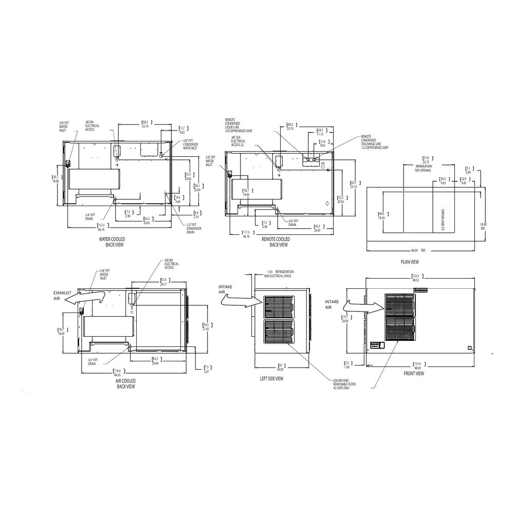 Scotsman MC1448 Prodigy ELITE dimensional drawing from the spec sheet: back, side, plan and front views