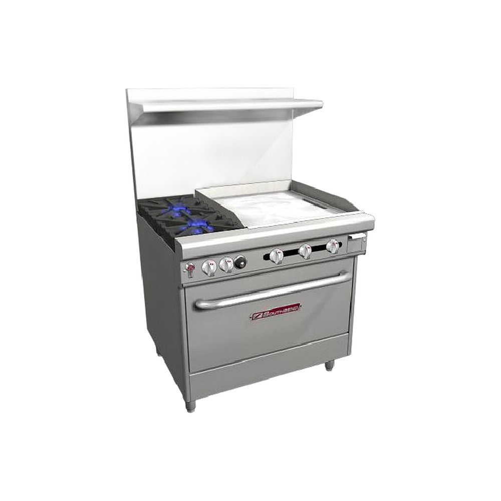 Southbend 4361D-2GR 36" gas restaurant range with 2 open burners and a 24" manual griddle on the right, standard oven, front view