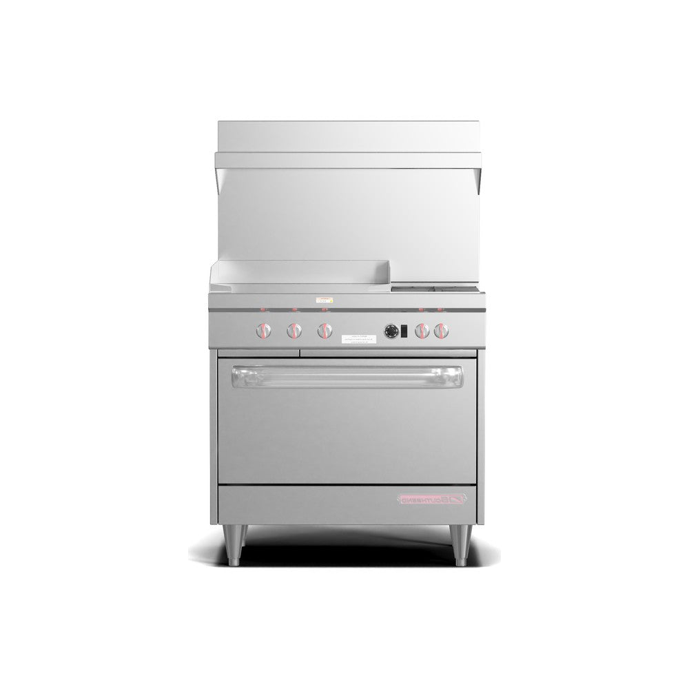 Southbend S36D-2GL 36" gas restaurant range with 2 open burners and a 24" manual griddle on the left, standard oven, front view