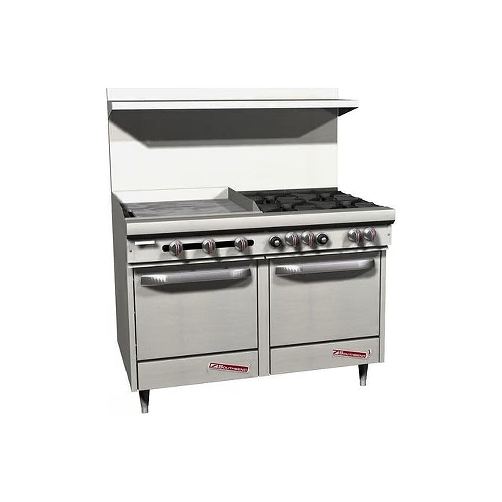 Southbend S48EE-2TL 48" gas restaurant range with 4 open burners and a 24" thermostatic griddle on the left, two space saver ovens, front view