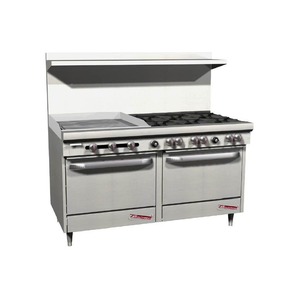 Southbend S60DD-2GL 60" gas restaurant range with 6 open burners and a 24" manual griddle on the left, two standard ovens, front view