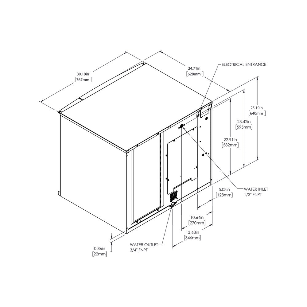 True TCIM-830 dimensional drawing from the spec sheet: plan view with water and electrical connection locations