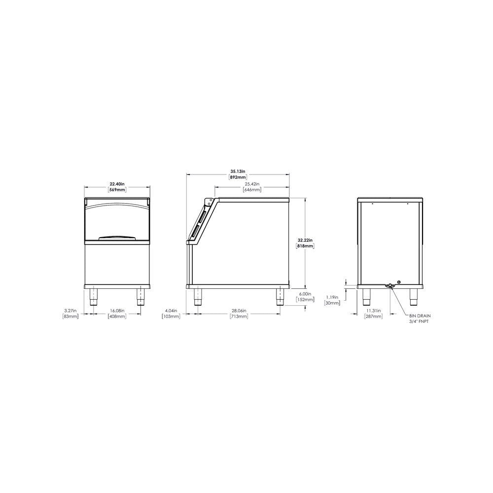 True TIB-322 dimensional drawing from the spec sheet: front, side and back views with bin drain location