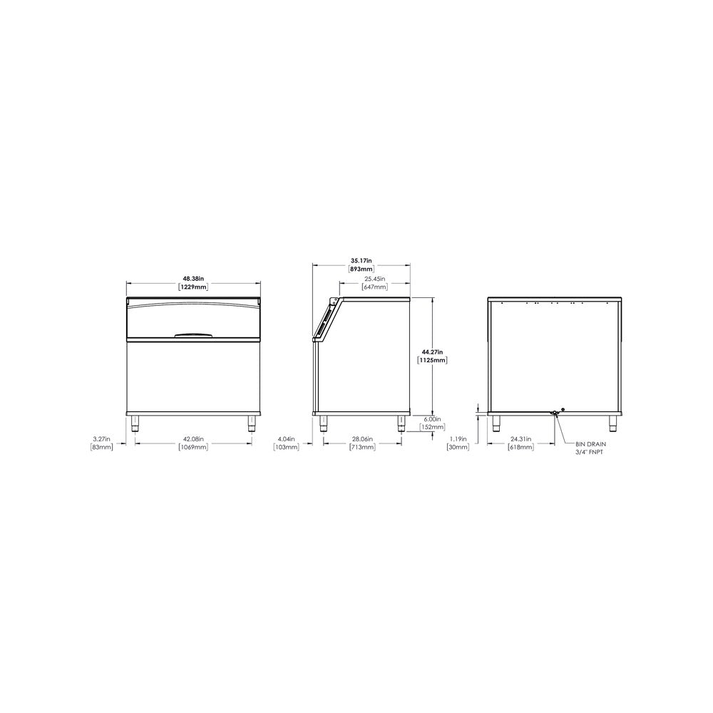 True TIB-948 dimensional drawing from the spec sheet: front, side and back views with bin drain location