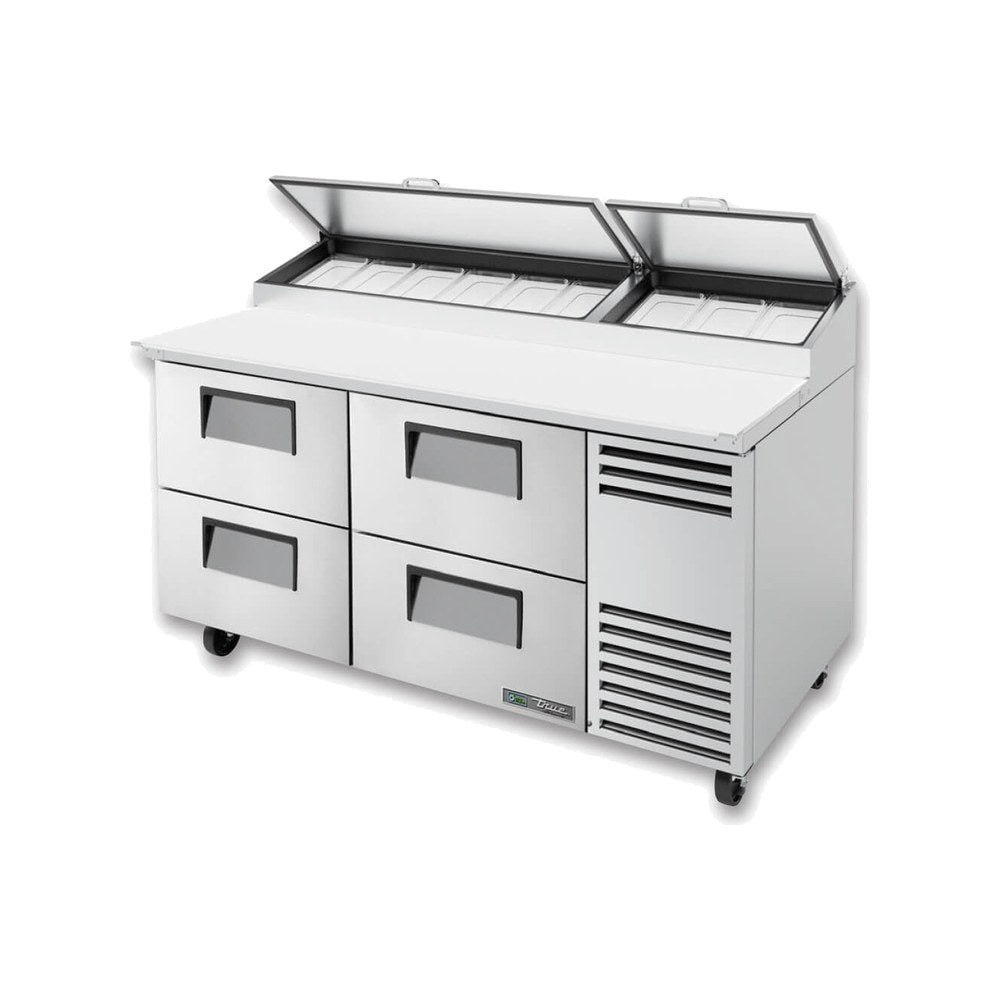 True TPP-AT-67D-4-HC 67-3/8" 4-drawer pizza prep table with (9) 1/3 size pans, drawers closed, lid open