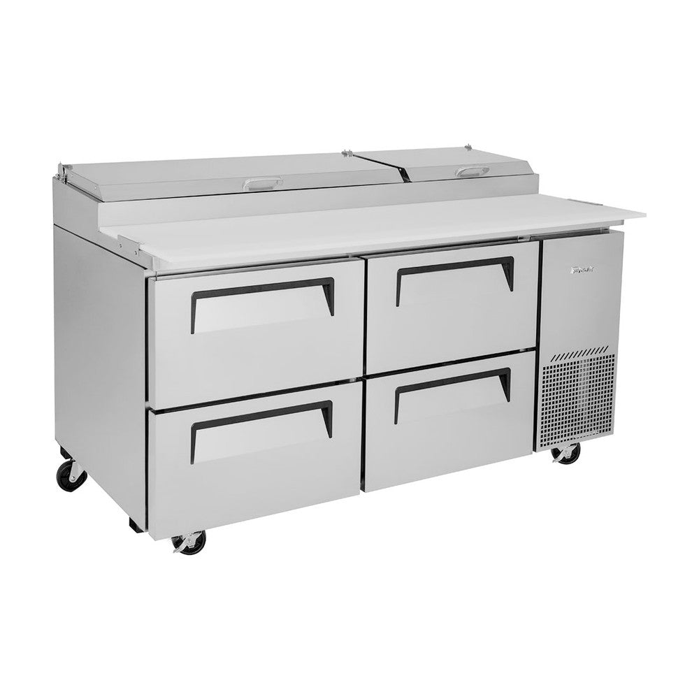 Turbo Air TPR-67SD-D4-N 4 Drawer 9-Pan Pizza Prep Table, angled side view
