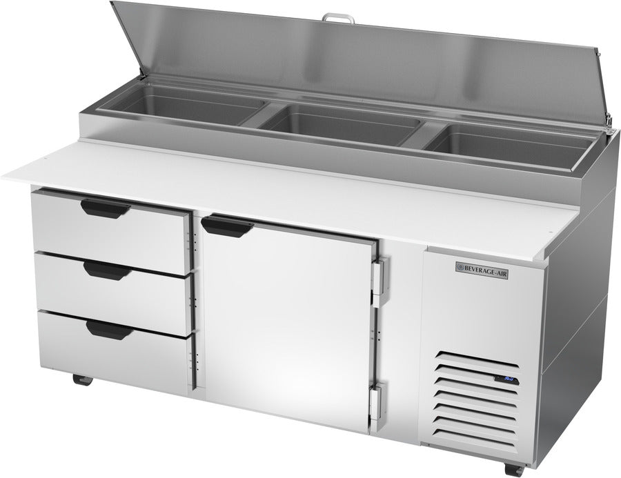Beverage Air DPD72HC-3, 72" Deli/Pizza Prep Table with One Door and Three Drawers