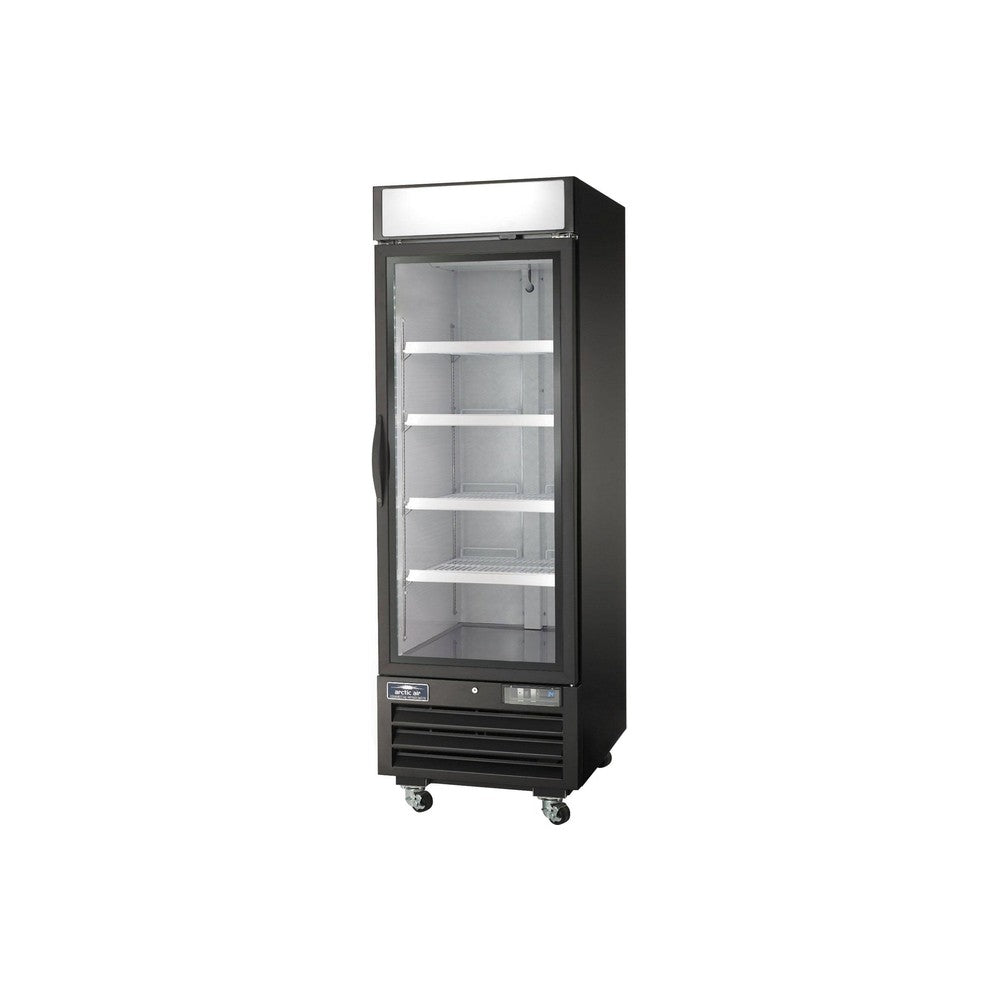 Arctic Air ARGDM23 27 inch one swing glass door black merchandiser refrigerator, front view