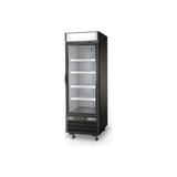 Arctic Air ARGDM23 black glass door merchandiser refrigerator, angled view with lighted top panel and four shelves