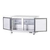 Arctic Air AUC60F undercounter freezer with both doors open showing the wire shelves