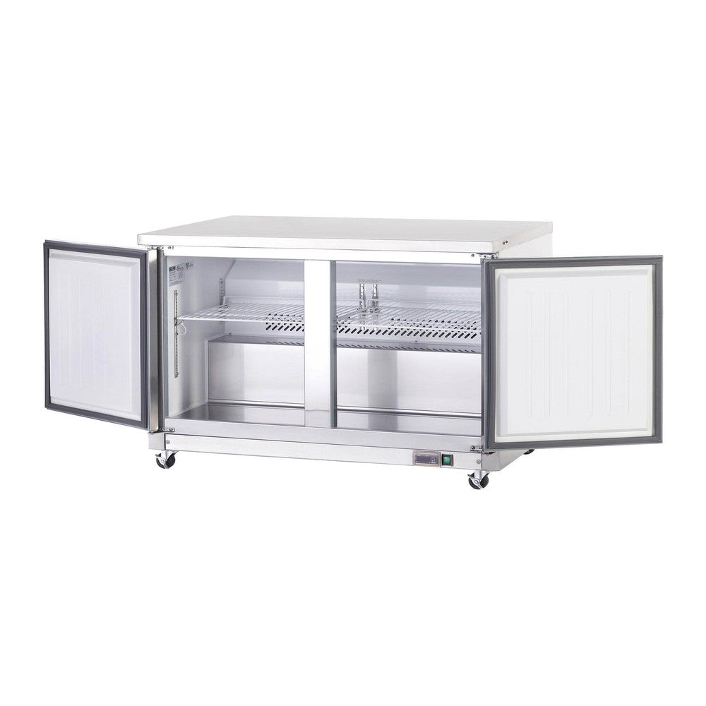 Arctic Air AUC60R undercounter refrigerator with both doors open showing adjustable wire shelves