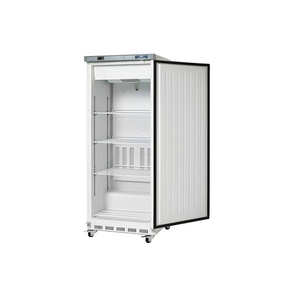 Arctic Air AWF25 white reach-in freezer with the door open showing adjustable wire shelves