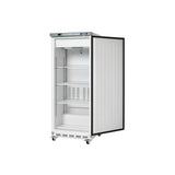 Arctic Air AWF25 white reach-in freezer with the door open showing adjustable wire shelves