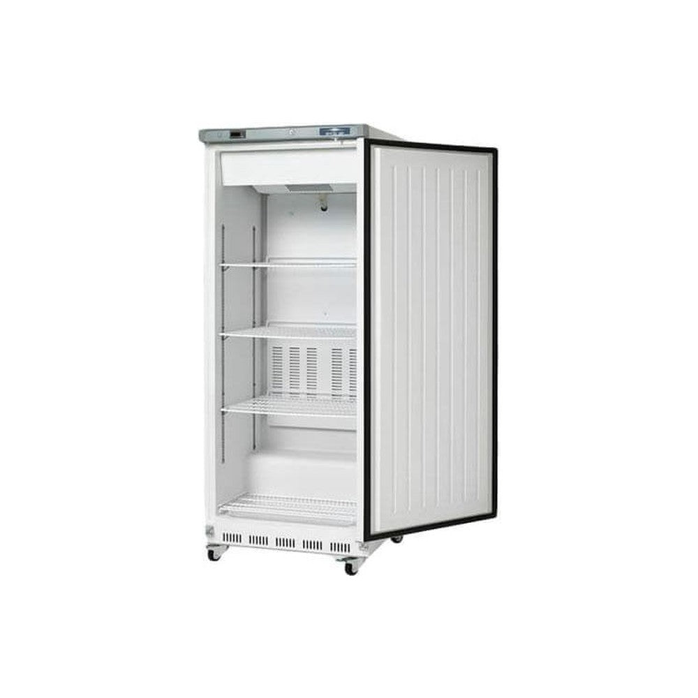 Arctic Air AWR25 white reach-in refrigerator with door open showing three adjustable wire shelves