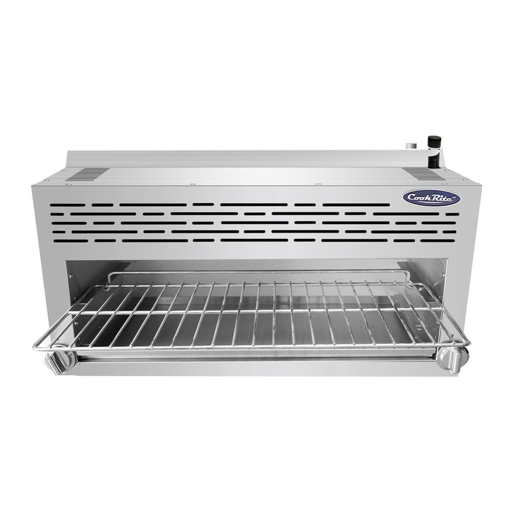 Atosa ATCM-36 36" infrared gas cheese melter, with broiler rack pulled out