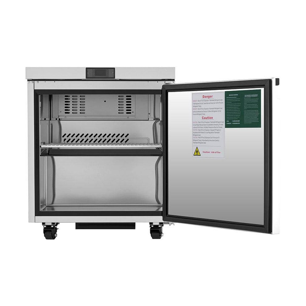 Atosa AUR27SD 27-1/2" 1 solid door undercounter refrigerator with the door open showing the interior shelves