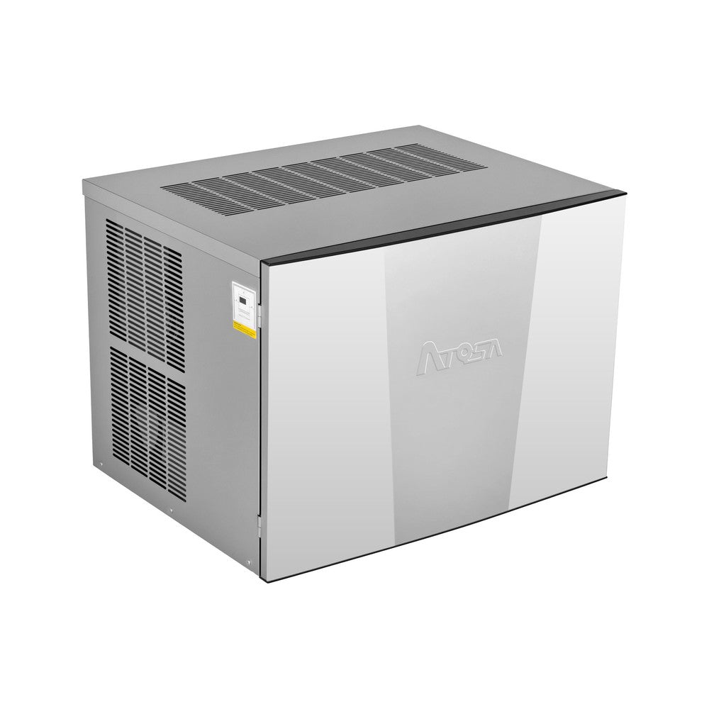 Atosa YRM0450A-161 30-3/4-inch air-cooled half-dice cube ice machine head, angled side view of the stainless steel cabinet