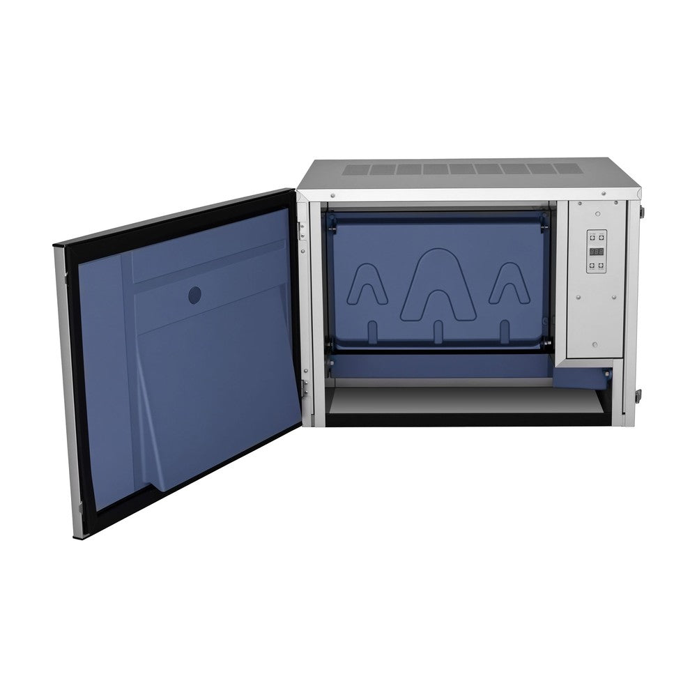 Atosa YRM0450A-161 30-3/4-inch air-cooled half-dice cube ice machine head with the front panel open, showing the evaporator