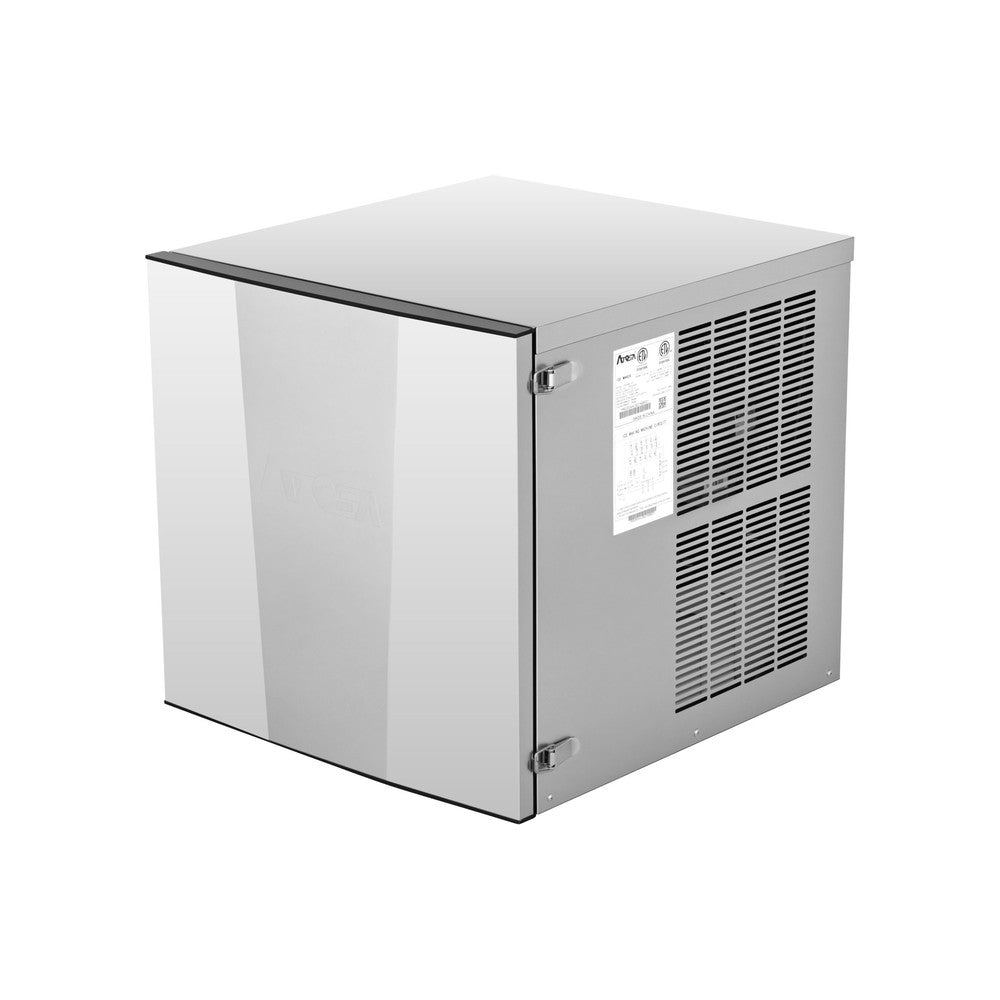 Atosa YRS0350A-161 22-3/4-inch air-cooled half-dice cube ice machine head, angled side view of the stainless steel cabinet