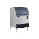 Atosa YRU0140A-161 24-1/4 inch air-cooled half-dice undercounter ice machine, angled side view of the stainless steel cabinet