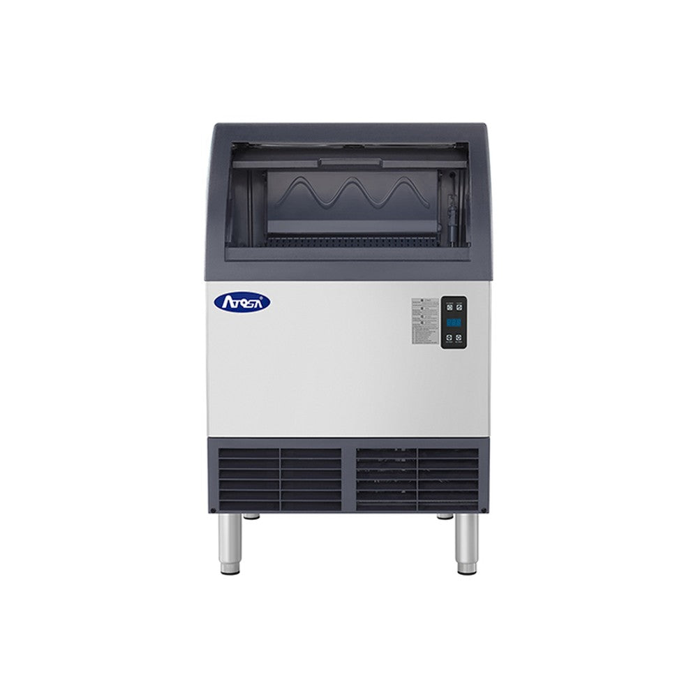 Atosa YRU0140A-161 24-1/4 inch air-cooled half-dice undercounter ice machine with the bin door open, showing the ice storage bin