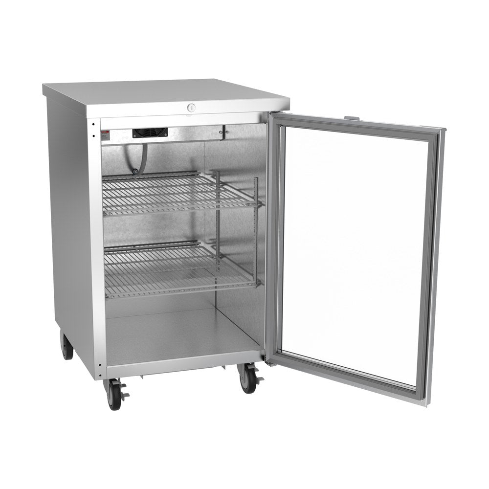 Beverage Air BB24HC-1-G-S 24" one glass door back bar cooler, with the door open showing the interior