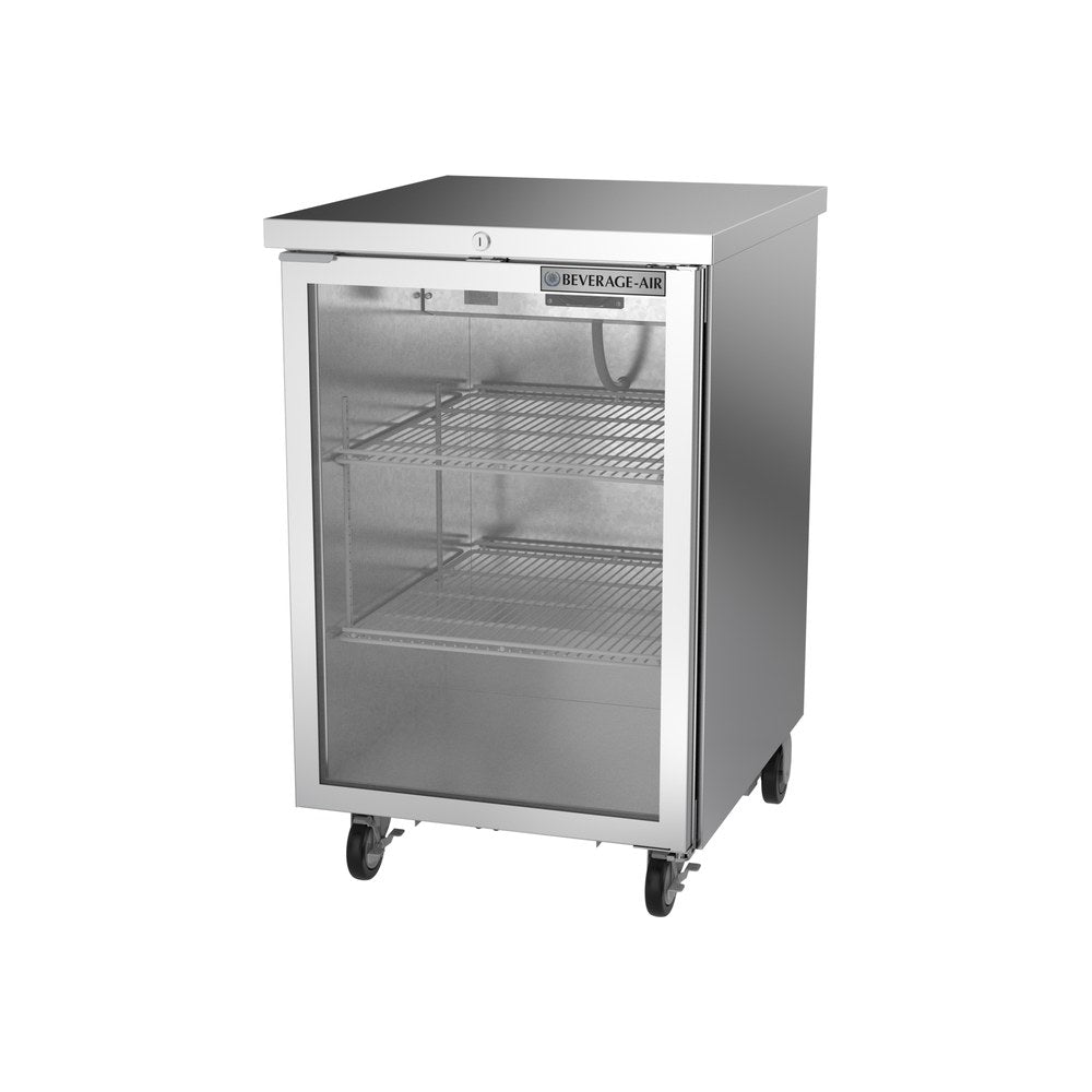 Beverage Air BB24HC-1-G-S 24" one glass door back bar cooler, side angle view, door closed
