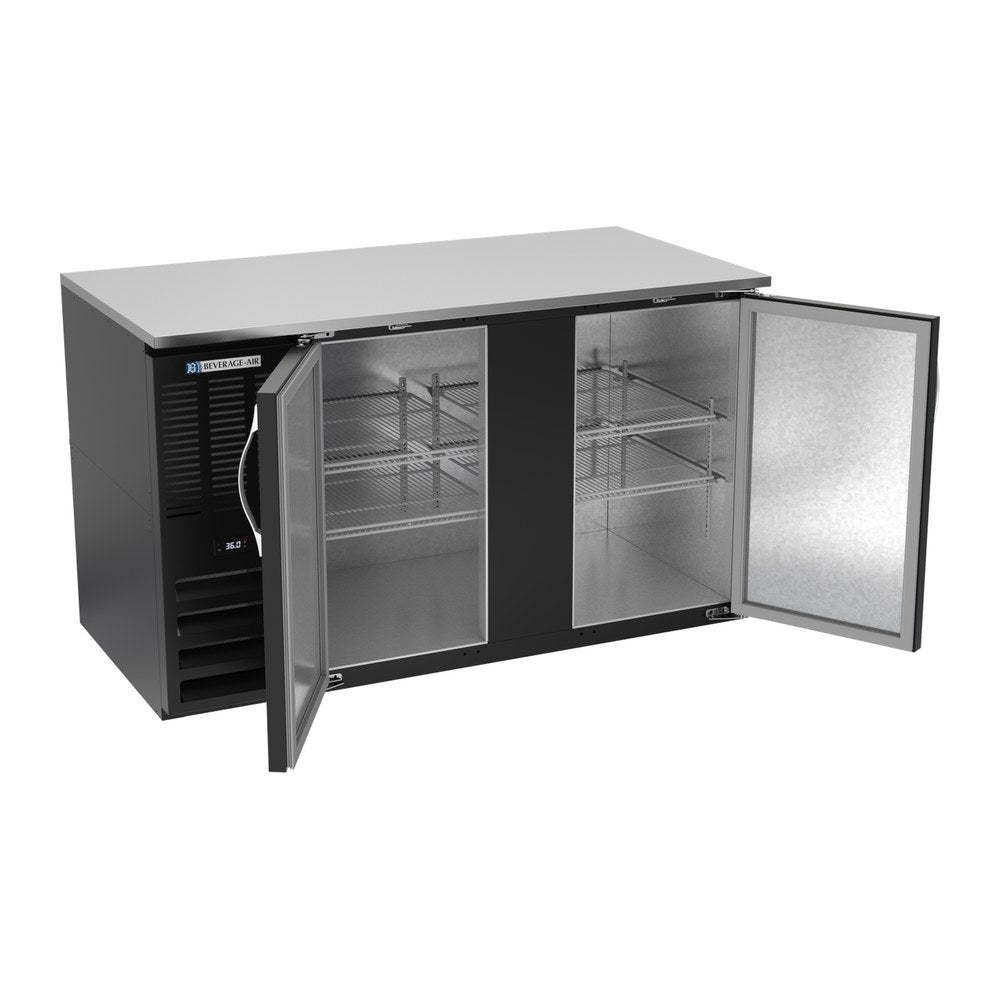 Beverage Air BB58HC-B 58" two solid doors back bar cooler, with the doors open showing the interior