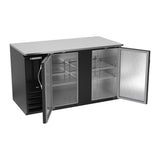 Beverage Air BB58HC-B 58" two solid doors back bar cooler, with the doors open showing the interior