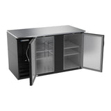 Beverage Air BB58HC-F-B 58" two solid doors back bar cooler, with the doors open showing the interior