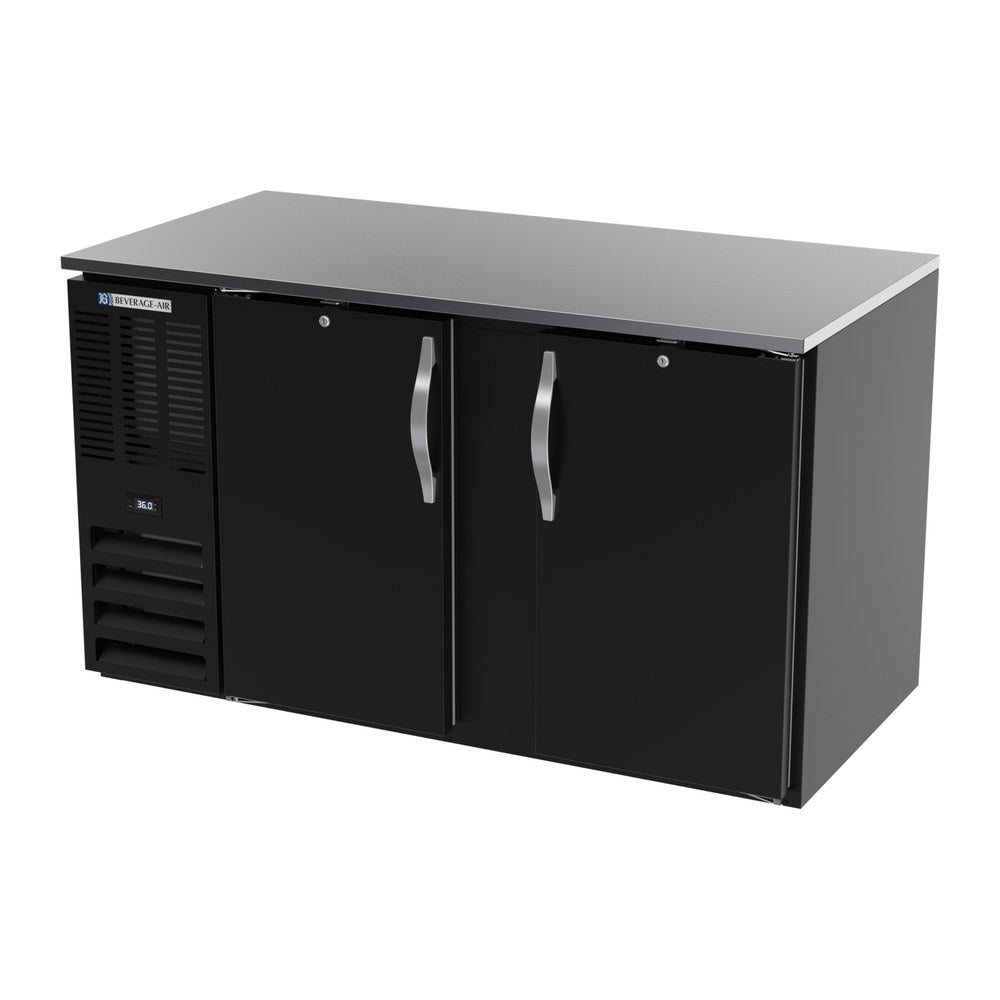 Beverage Air BB58HC-F-B 58" two solid doors back bar cooler, side angle view, doors closed