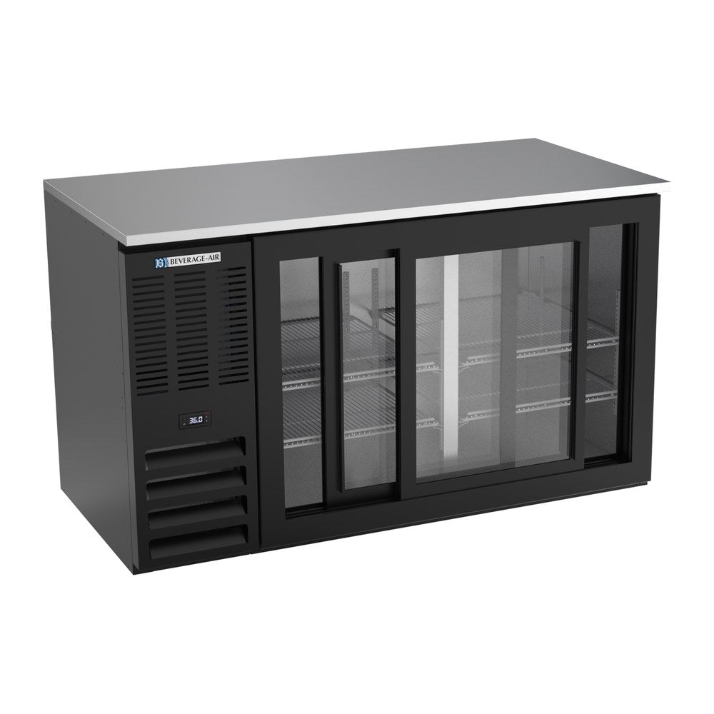 Beverage Air BB58HC-F-GS-B 58" two sliding glass doors back bar cooler, with the doors open showing the interior