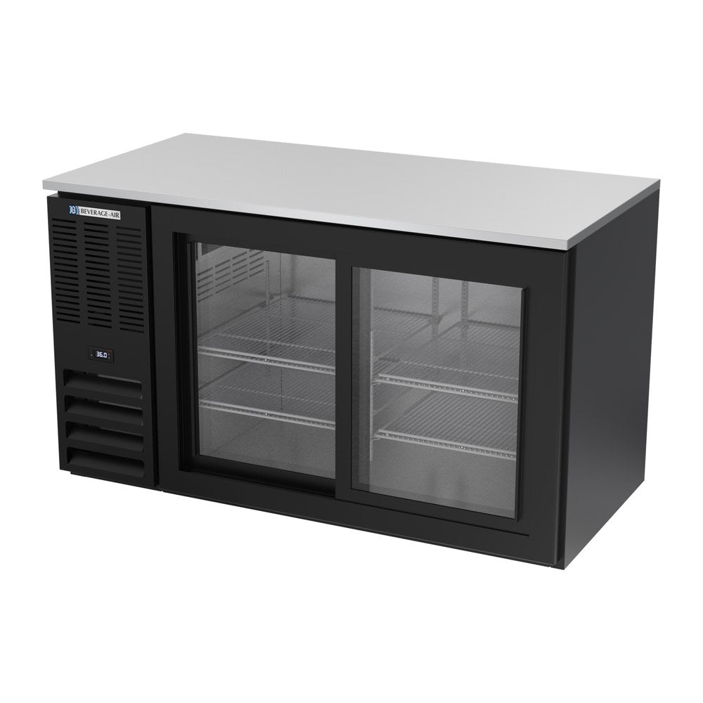 Beverage Air BB58HC-F-GS-B 58" two sliding glass doors back bar cooler, side angle view, doors closed