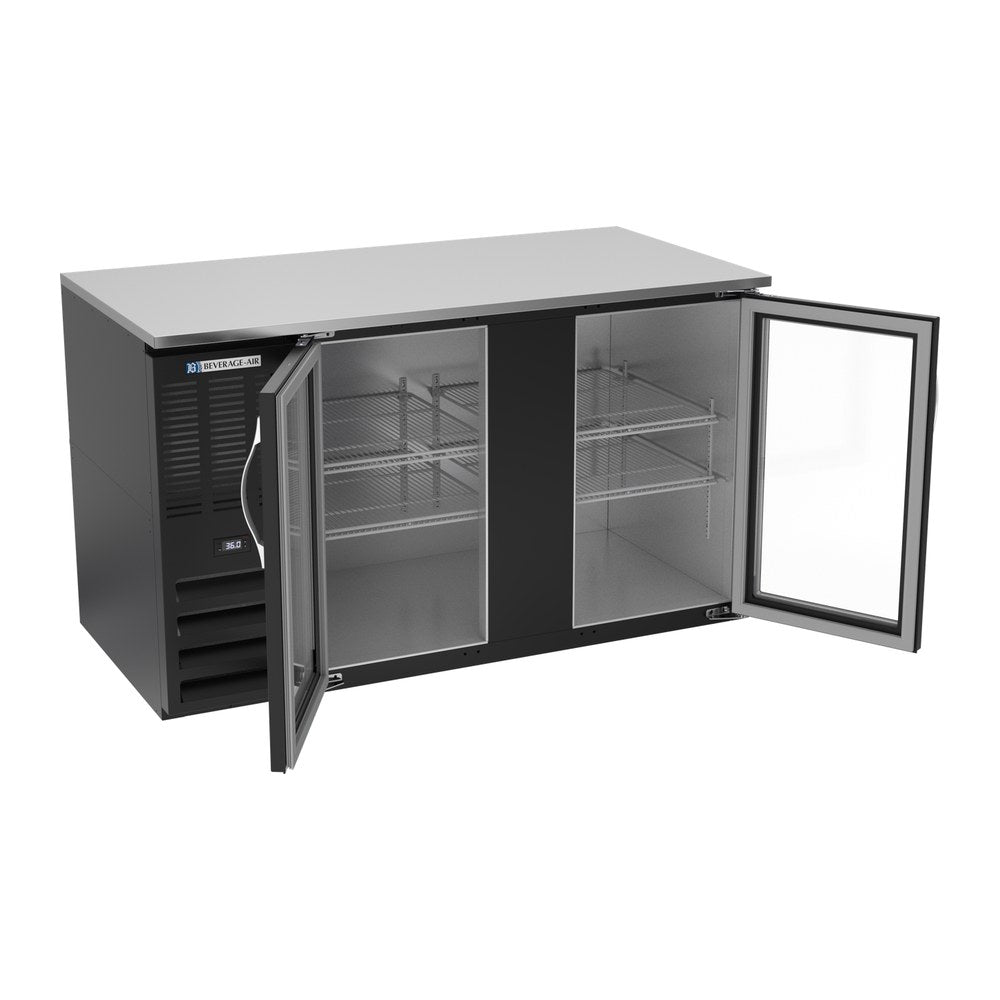 Beverage Air BB58HC-FG-B 58" two glass doors back bar cooler, with the doors open showing the interior