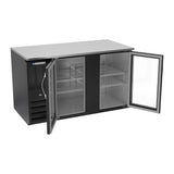 Beverage Air BB58HC-FG-B 58" two glass doors back bar cooler, with the doors open showing the interior
