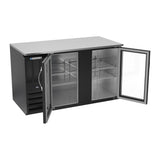 Beverage Air BB58HC-G-B 58" two glass doors back bar cooler, with the doors open showing the interior