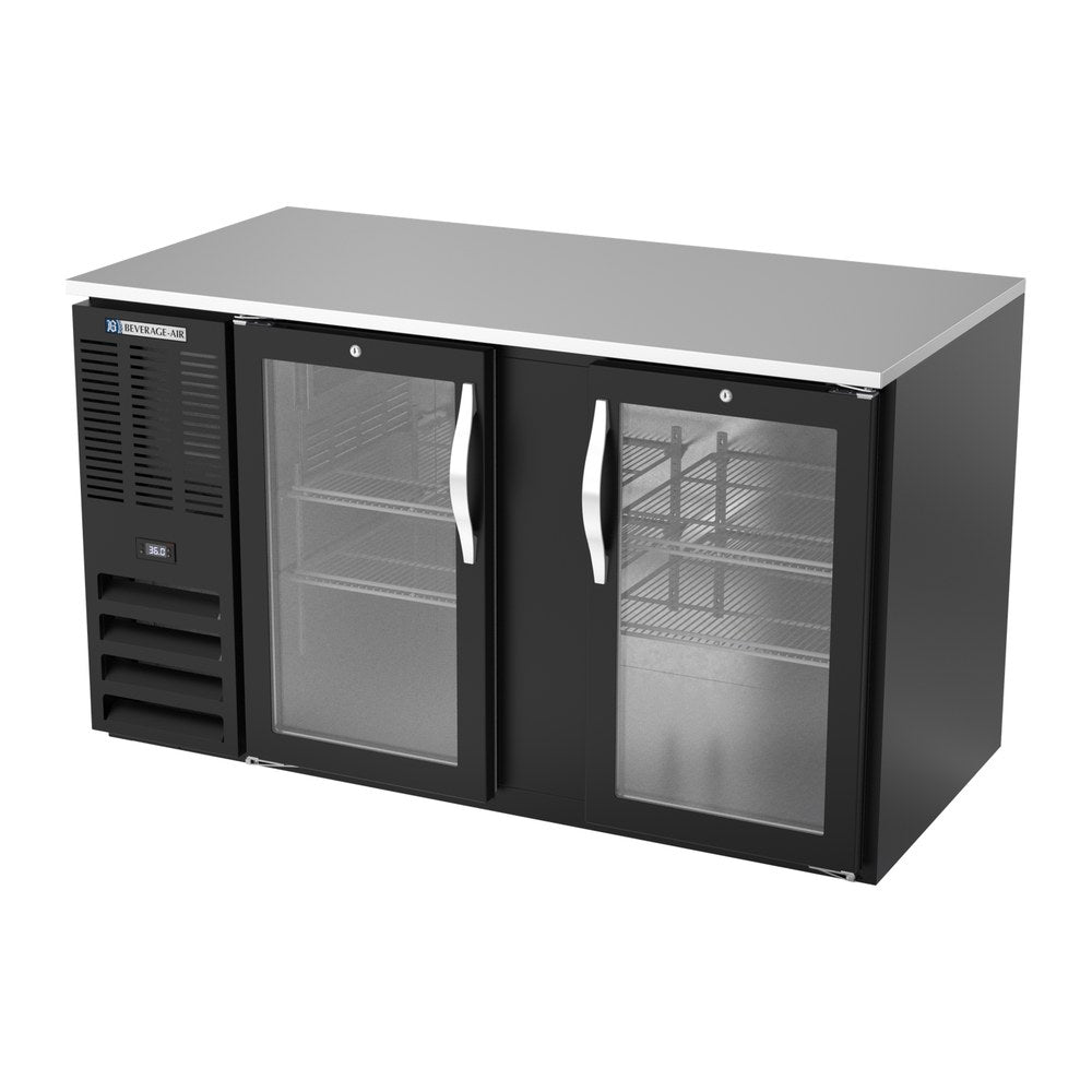 Beverage Air BB58HC-G-B 58" two glass doors back bar cooler, side angle view, doors closed