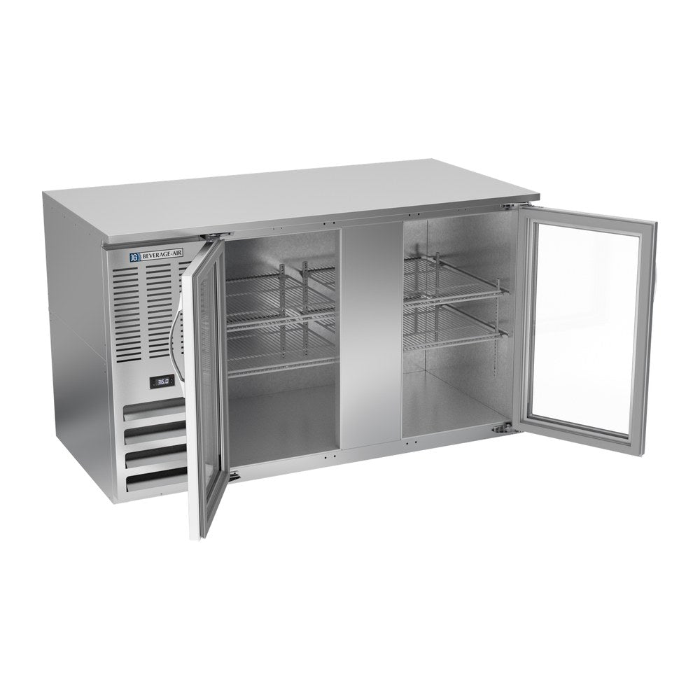 Beverage Air BB58HC-G-S 58" two glass doors back bar cooler, with the doors open showing the interior