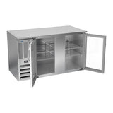 Beverage Air BB58HC-G-S 58" two glass doors back bar cooler, with the doors open showing the interior