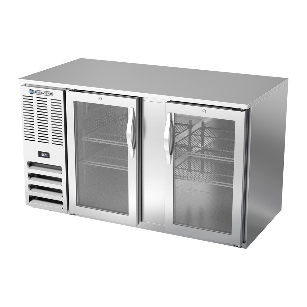 Beverage Air BB58HC-G-S 58" two glass doors back bar cooler, side angle view, doors closed