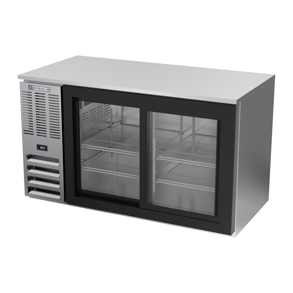 Beverage Air BB58HC-GS-S 58" two sliding glass doors back bar cooler, side angle view, doors closed