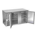 Beverage Air BB58HC-S 58" two solid doors back bar cooler, with the doors open showing the interior