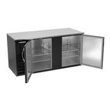 Beverage Air BB68HC-B 68" two solid doors back bar cooler, with the doors open showing the interior