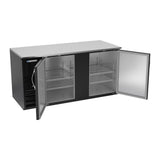 Beverage Air BB68HC-F-B 68" two solid doors back bar cooler, with the doors open showing the interior