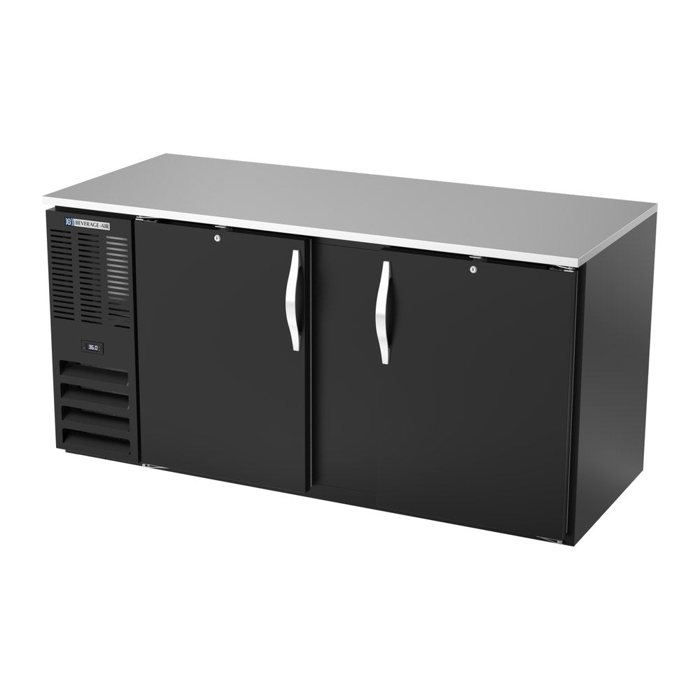 Beverage Air BB68HC-F-B 68" two solid doors back bar cooler, side angle view, doors closed